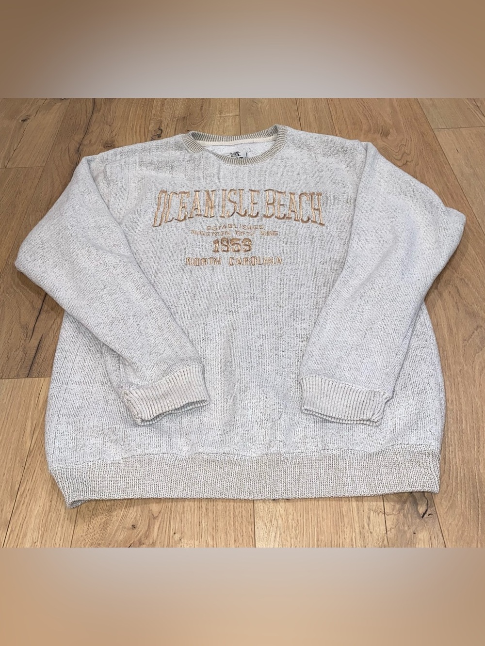 Ocean Isle Beach Crewneck Sweater - Light Heather Gray with Tan Embroidery